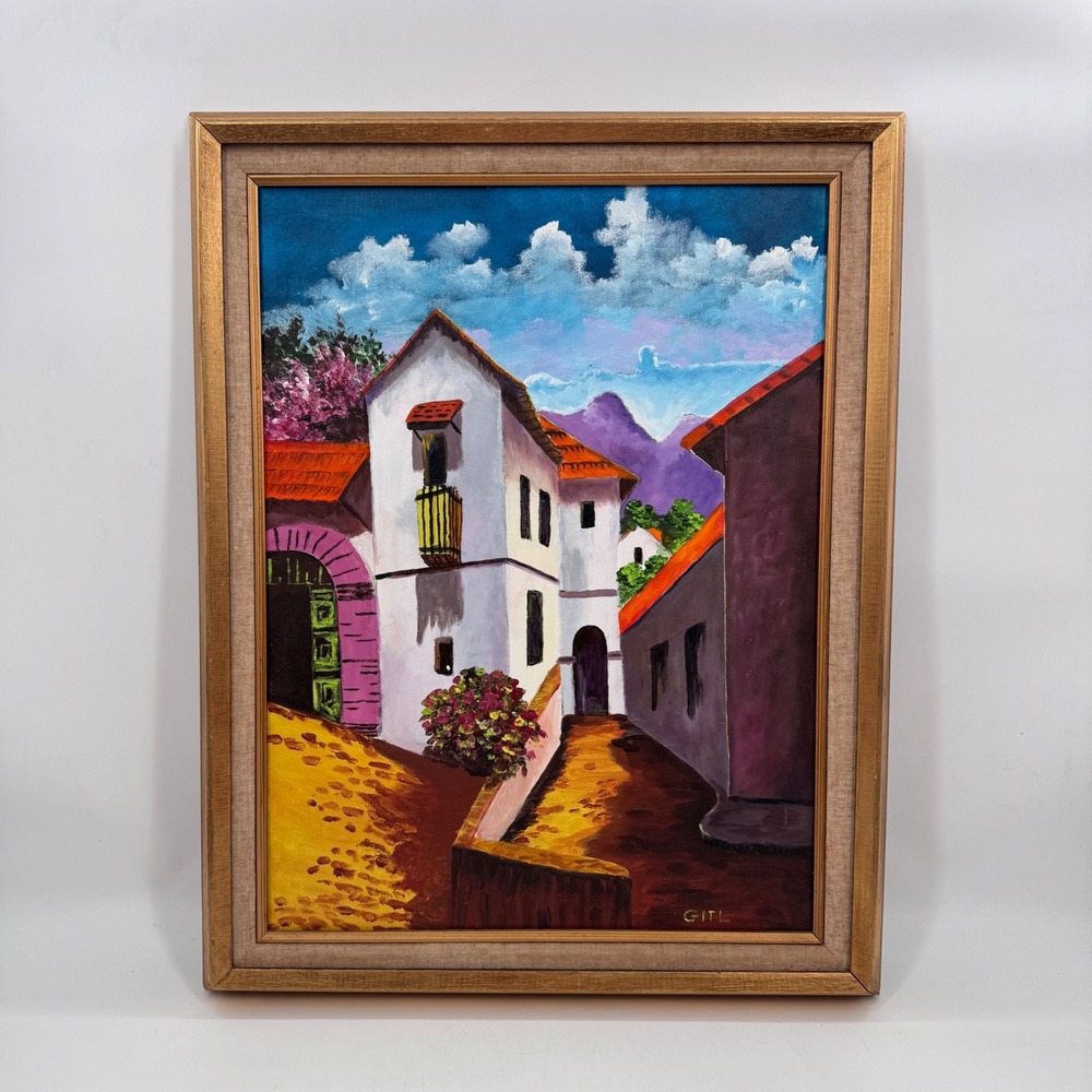 Original Mediterranean Village Landscape Oil Painting Signed Framed 28 x 22